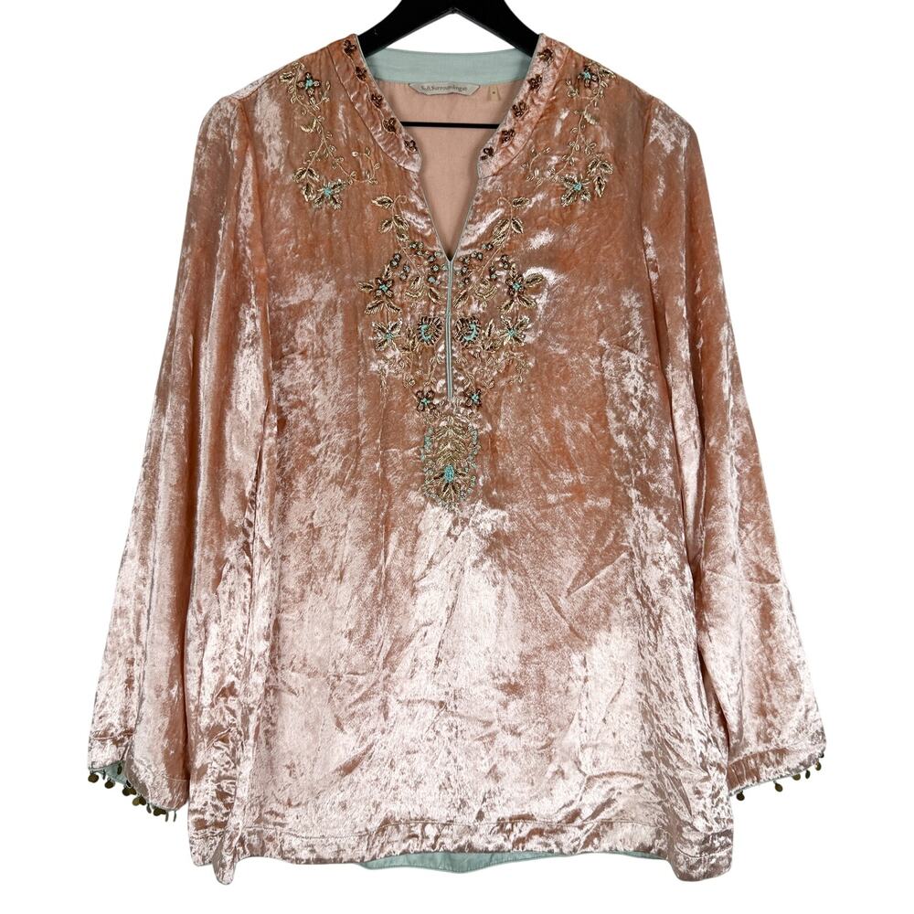 Soft Surroundings Pink Velvet Moroccan Tunic Blouse Embroidered Beaded - M